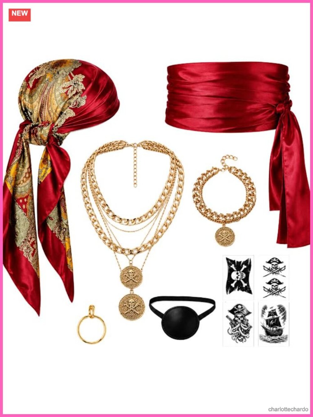 10 Pc Pirate Costume Accessory Set Bandana Sash Skull Jewelry Cosplay